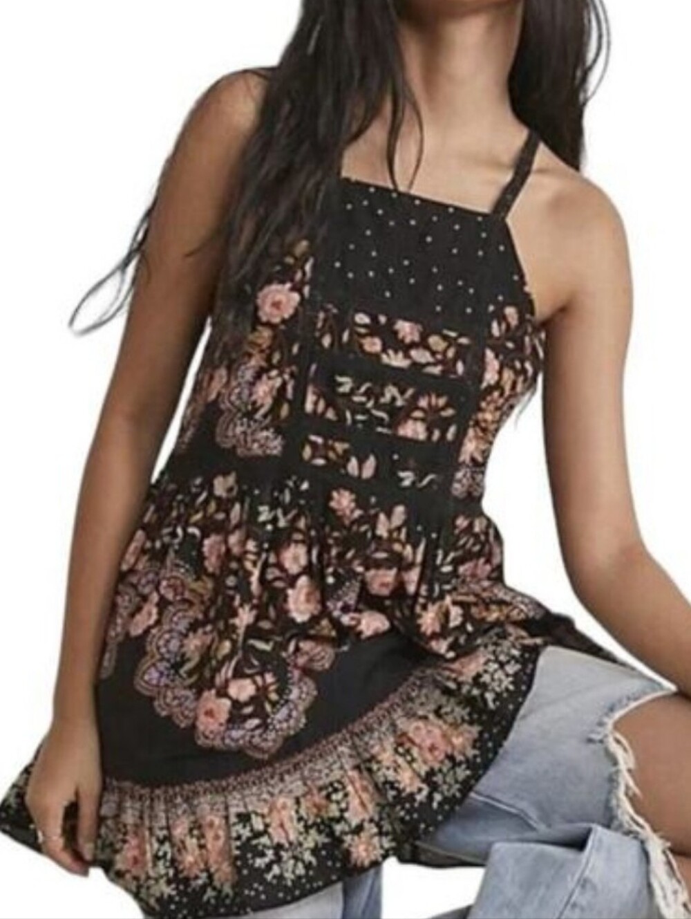 Free People Intimatley Wander On Slip Floral Black Boho Square-Neck Tank